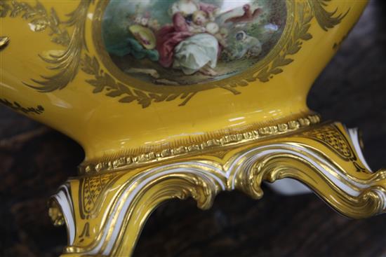 A Mintons bone china yellow ground gondola shaped vase, cover and stand, c.1894, in imitation of a Sevres pot pourri, 37cm, broken at t